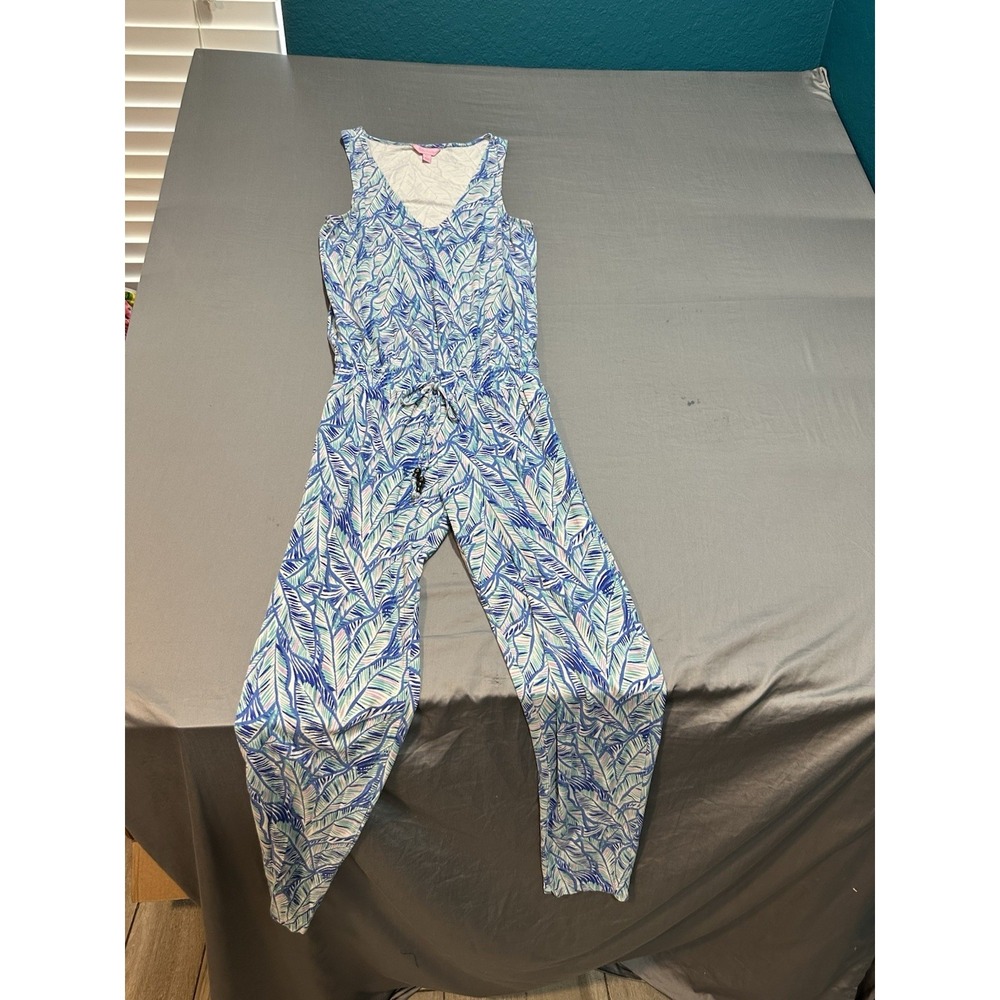 Lilly Pulitzer‎ Womens Paulina Sleeveless Jumpsuit Blue Print Drawstring XS